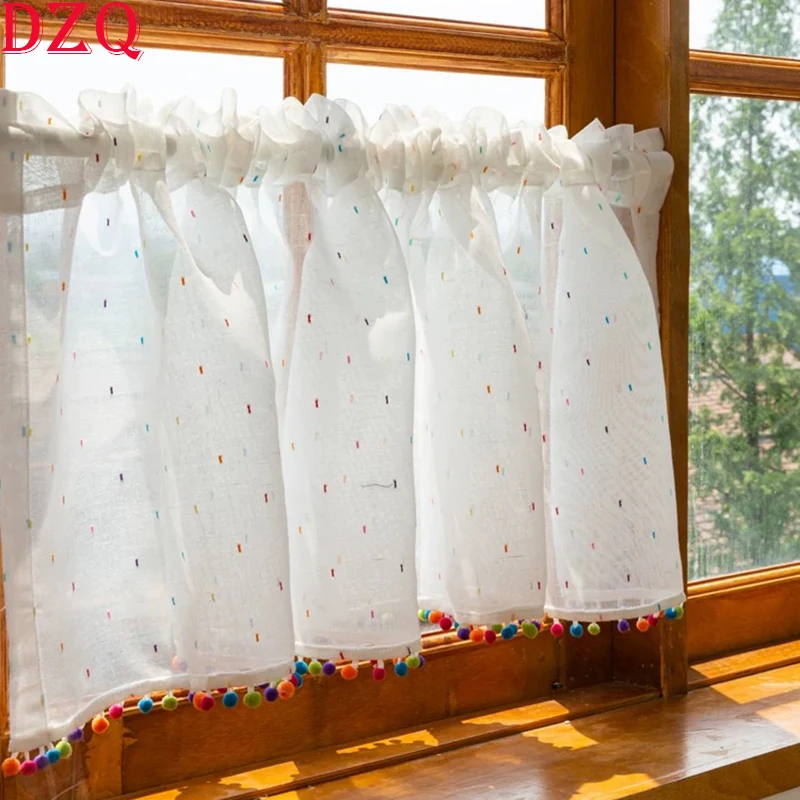 

France White Colorful Beaded Tulle Short Curtains for Kitchen Sugar Beans Pattern Half Curtains for Living Room #A589