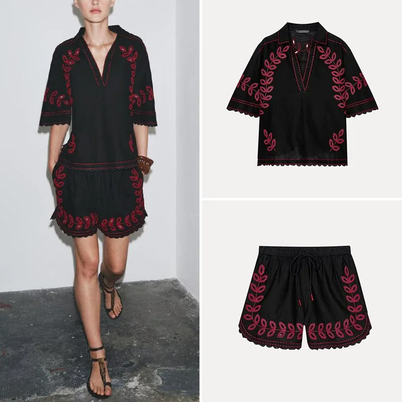 

Z Women's New 2025 ort Sve Embroidered irt And orts Set Polyester Fiber Summer Faion Outfit Student orm