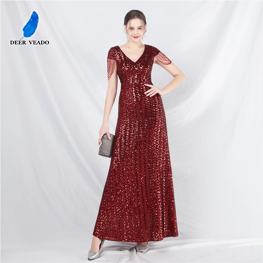 

DEERVEADO Luxury Beading Evening Dresses for Woman Elegant A Line Sequins Formal Dress for Special Occasions Party Maxi Dress