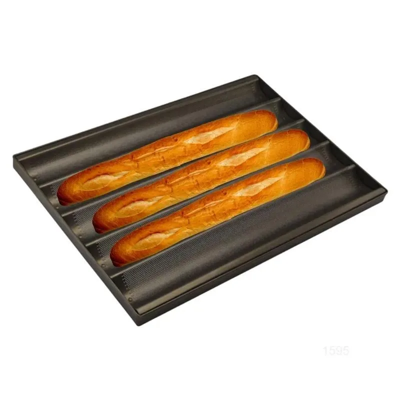5-Row 5-cavity perforated aluminum alloy long bread baking pan, non-stick black baking pan, suitable for French yeast bread,