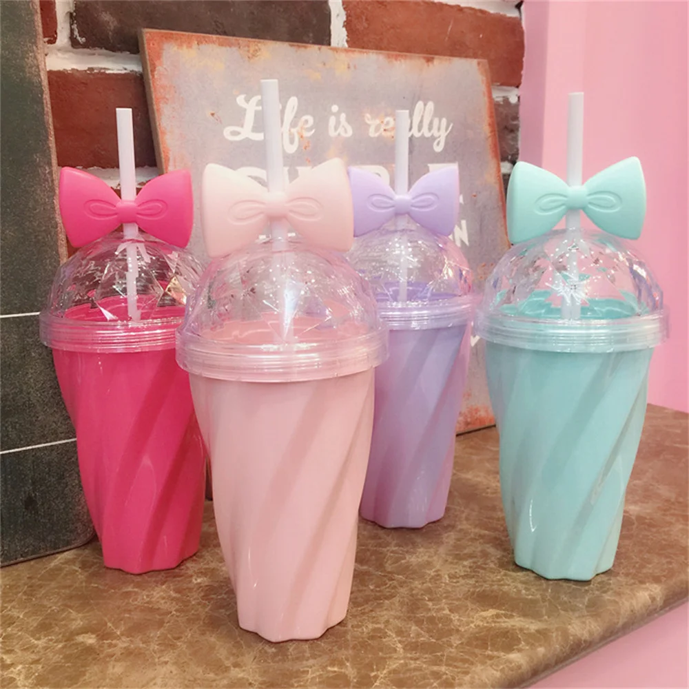 Coffee Cup With Lid Creative Plastic Tumbler Water Cup Straw Water Bottle Gift 380ml Cup Straw Cup Reusable Cups Bow