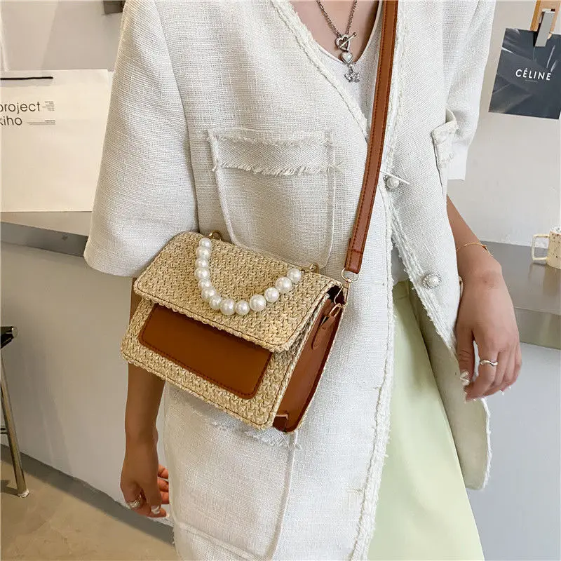 2023 New Summer Fashion Pearl Minimalist Western Style Crossbody Minimalist Ins Straw Woven Handbag