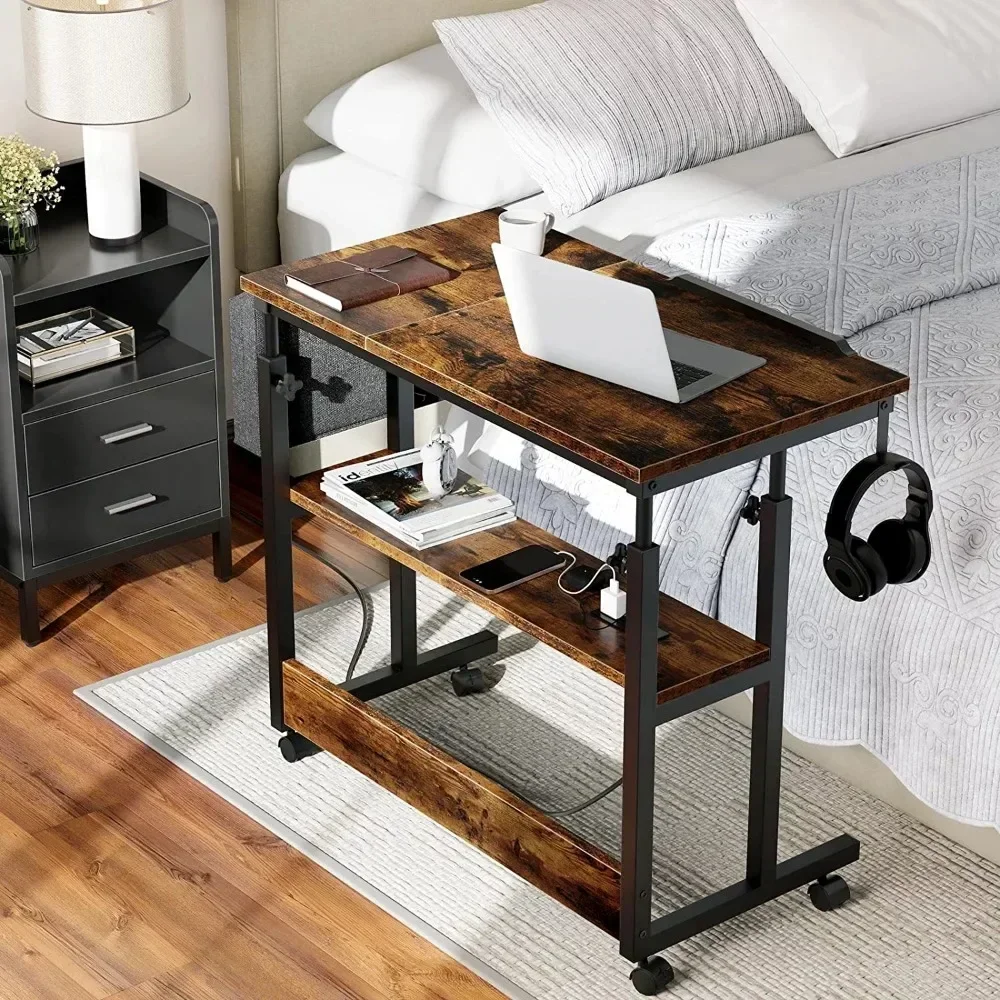 Portable Laptop Table with Charging Station, Height Adjustable Standing Rolling Computer Desk with Tiltable Tabletop