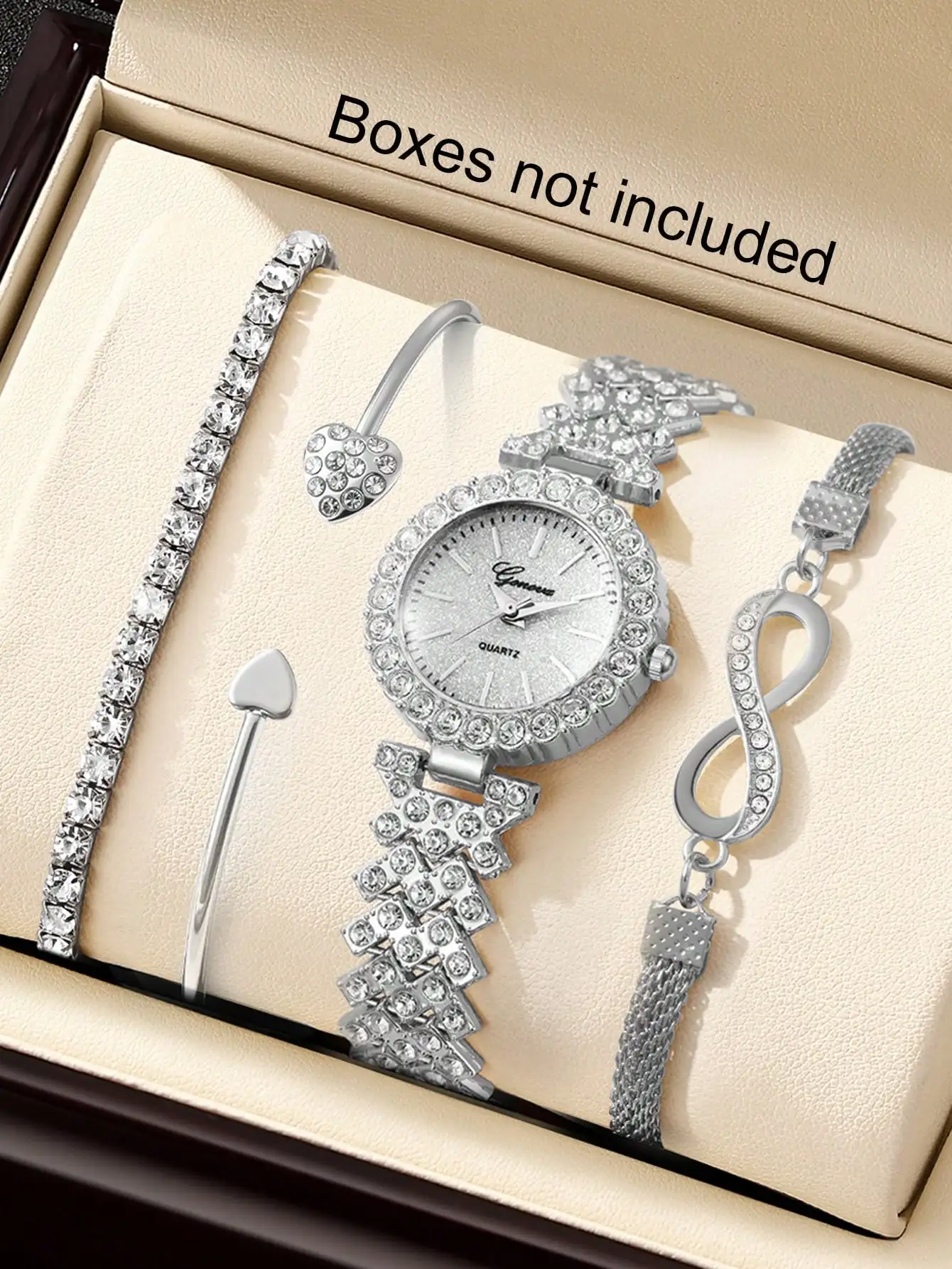 

Набор из 4 предметов: женские кварцевые часы с кристаллами и браслет, серебристый подарочный набор