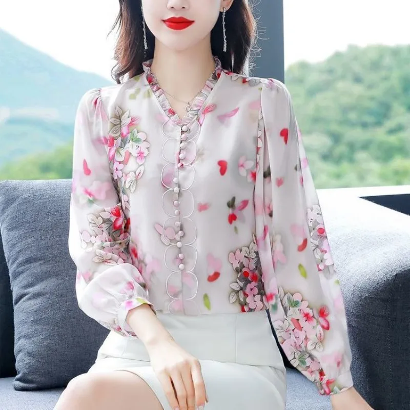 2024 New Women's Spring Autumn V-neck with Wooden Ear Edge Printed Button Fashion Style Long Sleeved Loose Chiffon Shirt Tops