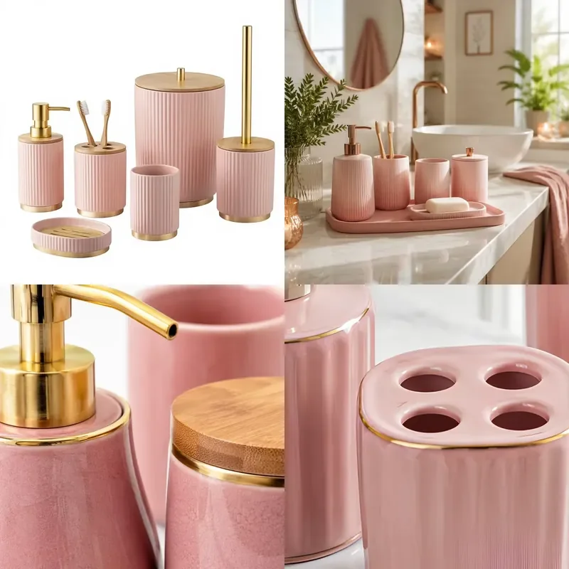 6-Piece ceramic bathroom accessory set, pink ribbed bath mat, gold bamboo lid, vanity toiletries