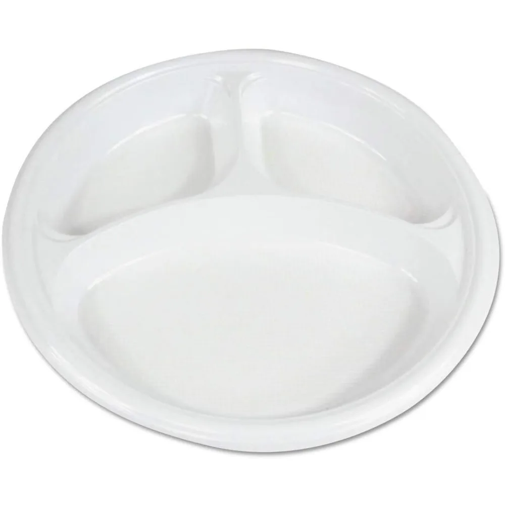 

Boardwalk BWKPLTHIPS10WH3 10 in. Diameter 3-Compartment Hi-Impact Plastic Dinner Plates - White (500/Carton)