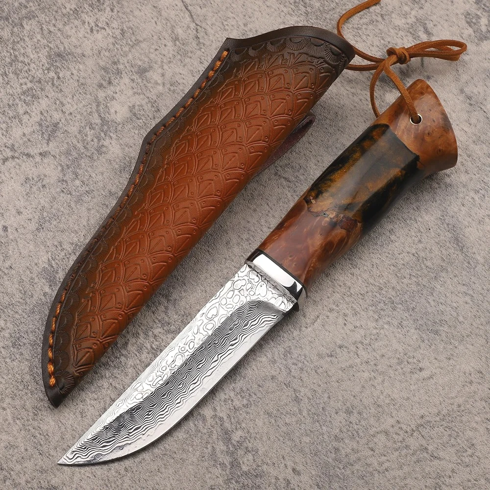 VG10 Damascus Steel Knife Solidified Wood Handle Outdoor Camping Hunting Knifes Tactical Survival Self Defense Tool Gift For Men