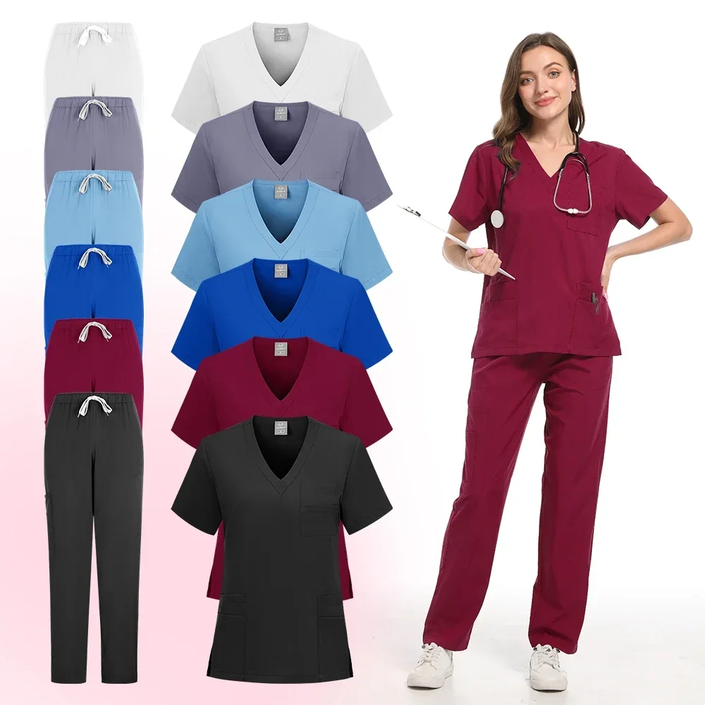 

New Nurse Uniforms Elatic Solid Tops Pants Woman Man Scrub Trousers Dental Vet Hospital Pet Clinic Medical Uniform Scrub Sets