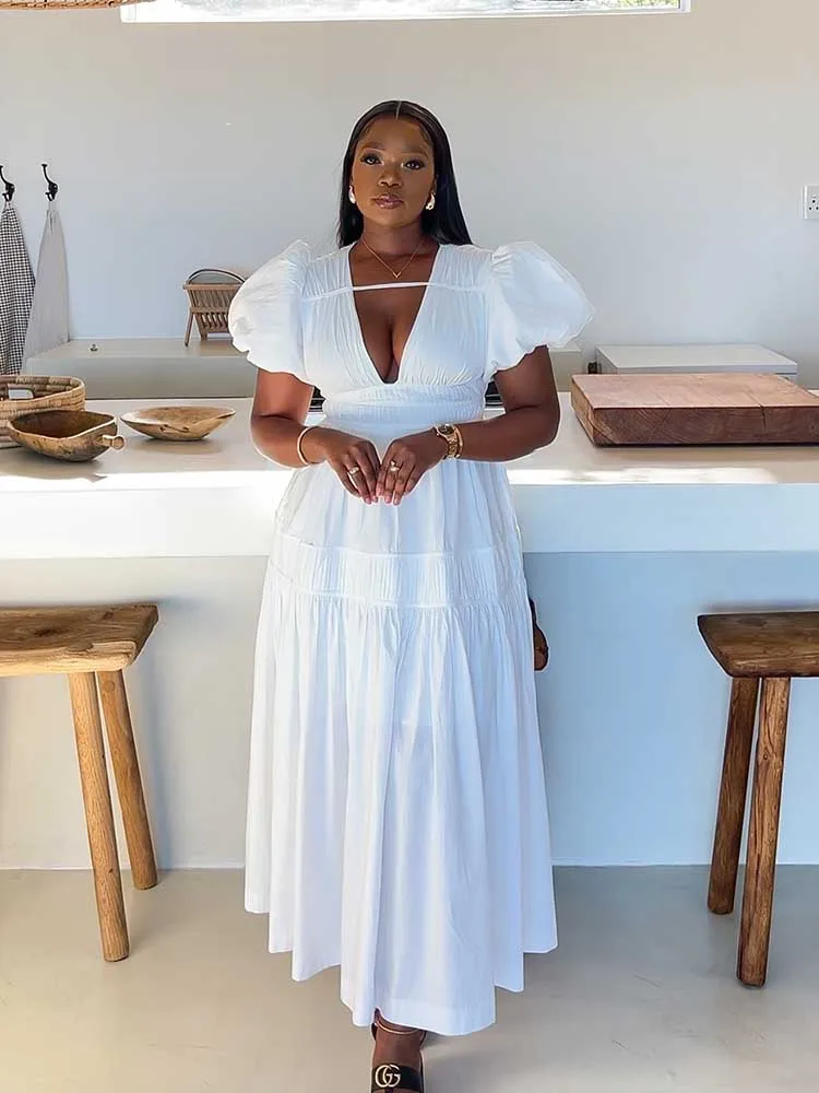 Women White Summer Dress High Waist Fitting  Dresses with Puff Sleeves Chic Pleated Slim Long Dress New Wholesale Dropshipping