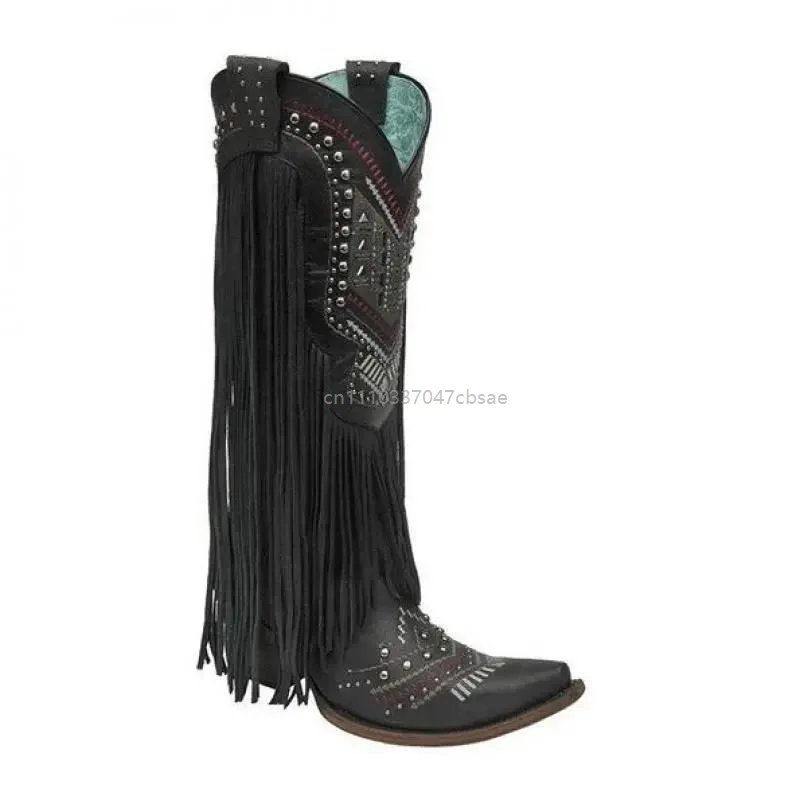 Medieval Lady Tassel Mid Tube Pointed Toe Ethnic Style Boots Retro Rivet Knight Shoes Role Playing Stage Performance Footwear 4