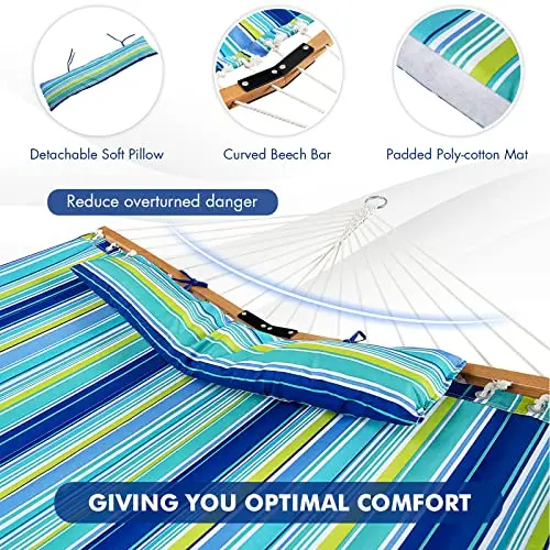 

10.5 Feet Double Hammock With Removable Soft Pillow, 330 Lbs Weight Limit, Curved Hardwood Bars, Quilted Quick-Dry Poly-Cotton