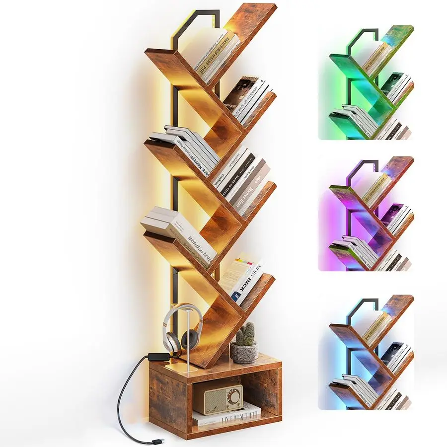

Стеллаж-книжный шкаф с LED-подсветкой, 6-ярусный узкий книжный шкаф для небольших помещений, высокий стеллаж для хранения из стали и дерева с тумбой, для дома