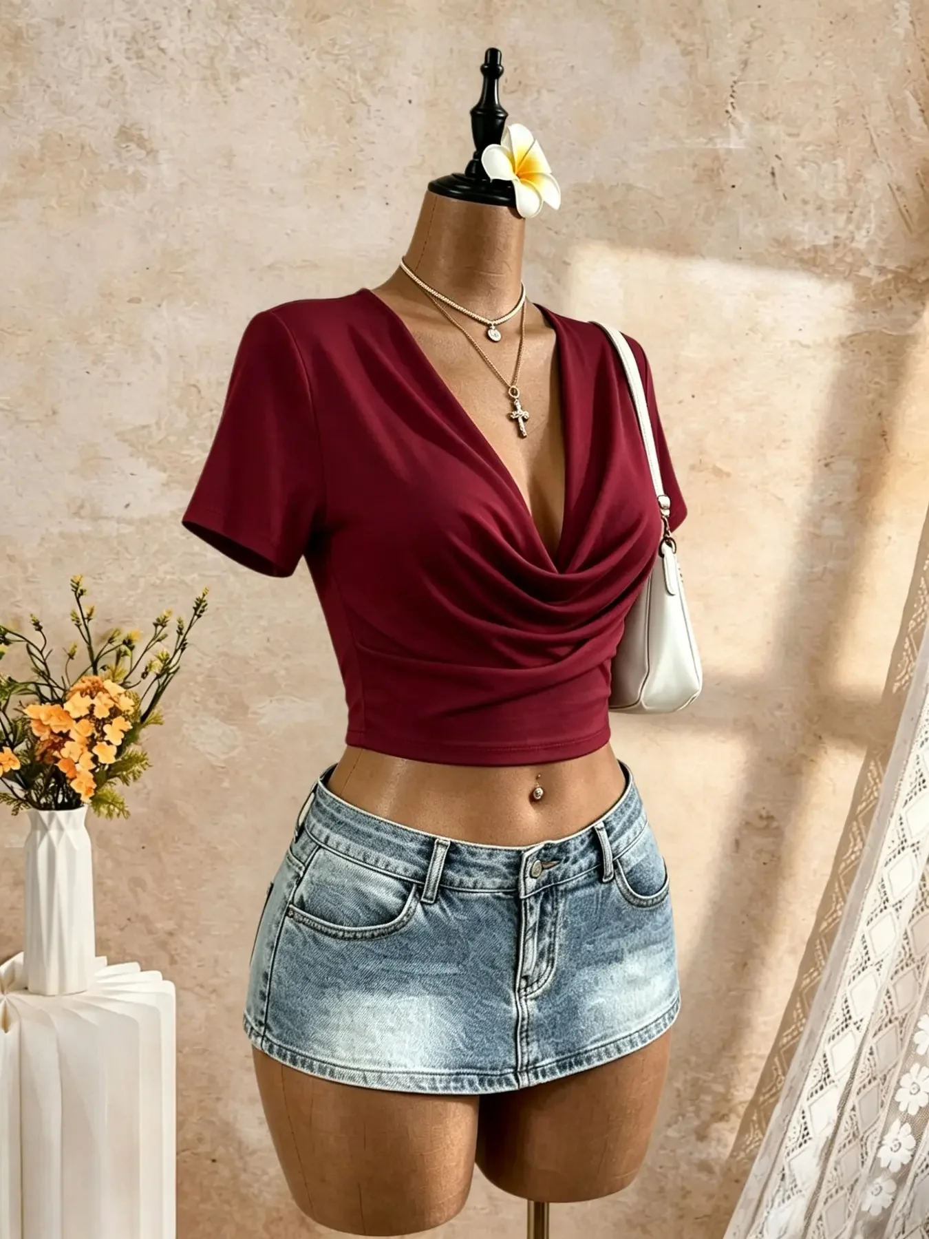 Damen-Crop-Top mit tiefem V-Ausschnitt, kurzen Ärmeln, drapiertem Wasserfallausschnitt, überkreuztem Wickeldesign, eng anliegend, dehnbar, lässig für Ausgehzwecke. – Detail 4