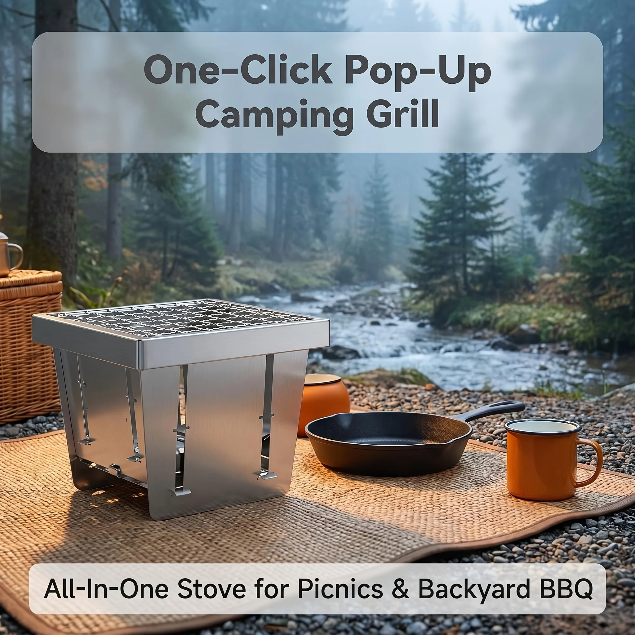 All-in-one Outdoor Camping Stove Portable Foldable Stainless Steel Mini Charcoal BBQ Grill for Picnic Travel Backyard Barbecue