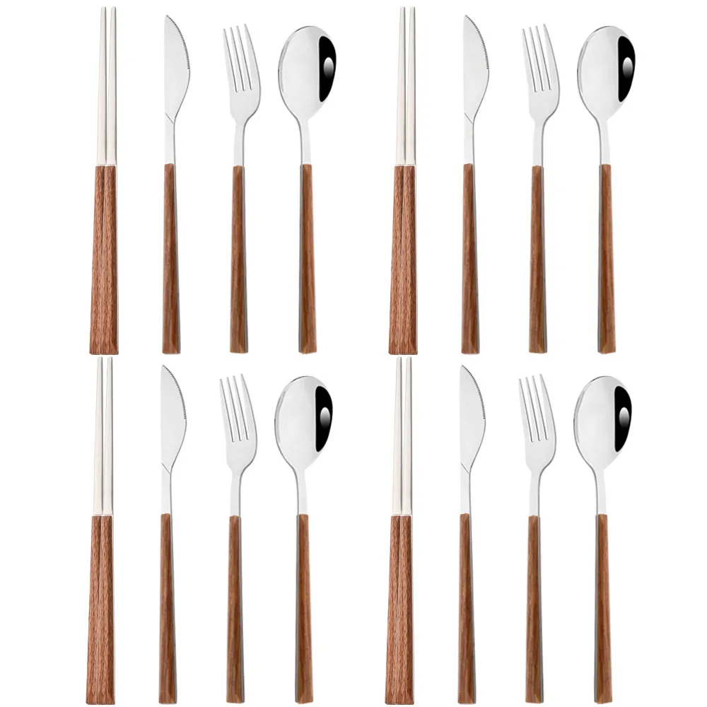 

16Pcs Silver Cutlery Set Stainless Steel Dinner Spoons Fork Chopsticks Wooden Handle Tableware Dinnerware Kitchen Accessories