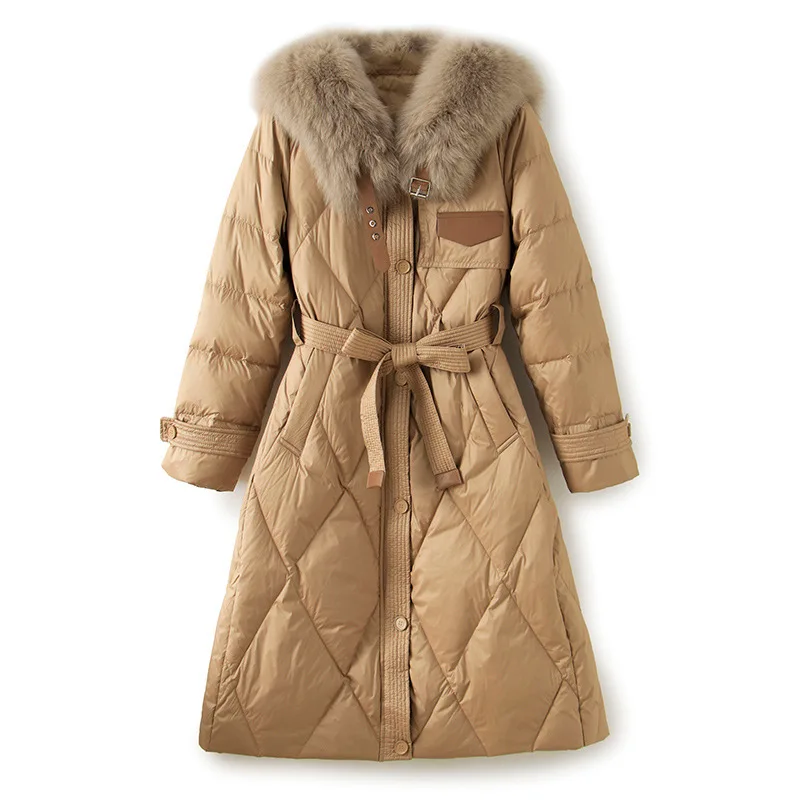 Luxury White Duck Down Coat Women 2025 Fashion Thick Waist Slim Warm Knee Length Jacket with Fox Fur Collar