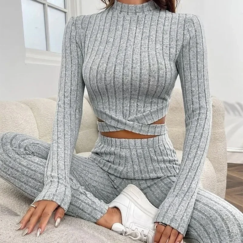 

Women Two Piece Sets Pant Set Splice Round Neck Full Sleeve Short Tops Solid Elastic Waist Sheath Long Pants Slim Fit 2024