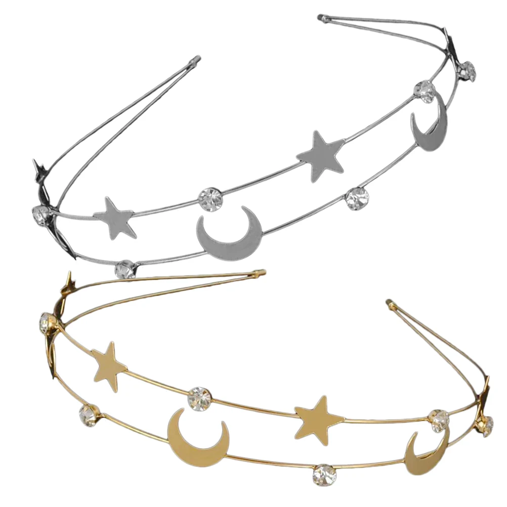 

2Pcs Rhinestone Headband Bridal Wedding Hair Hoops Moon Star Design Alloy Embellished Women Accessories Silver Gold
