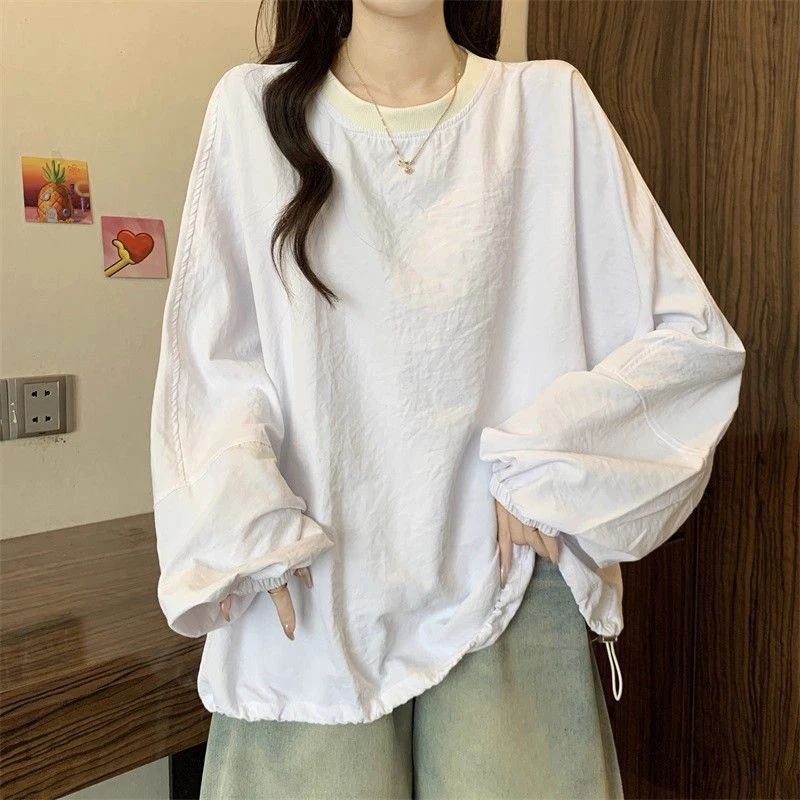 2026 Autumn Women Plus Size Round Neck Long Sleeve T Shirt Drawstring Hem Loose Slim Fit Casual Solid Fashion Streetwear Tops
