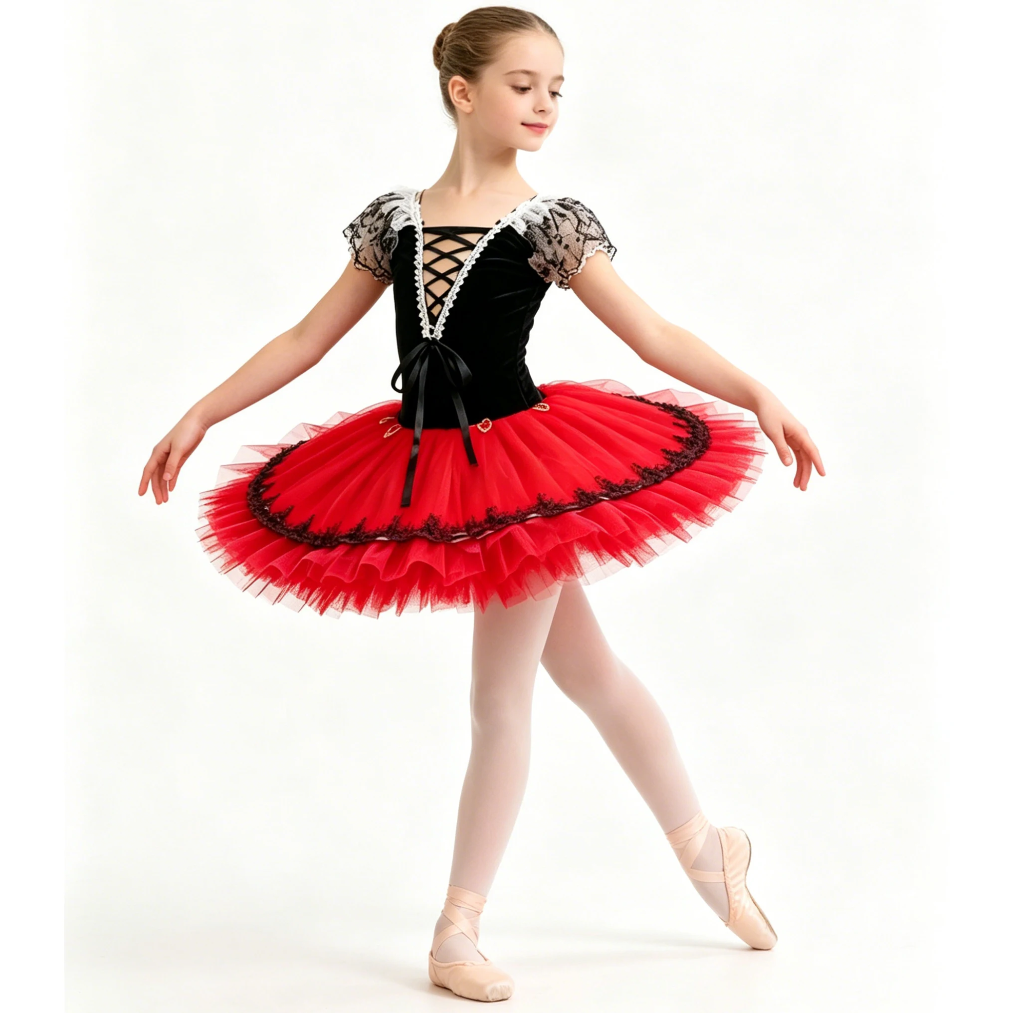 Don Quixote Tutu Professionelles Mädchen-Ballettkleid mit Blumenspitze, Flügelärmeln und Schleife, Kurzes Kinder-Ballerina-Kostüm für Party und Bühnentanz