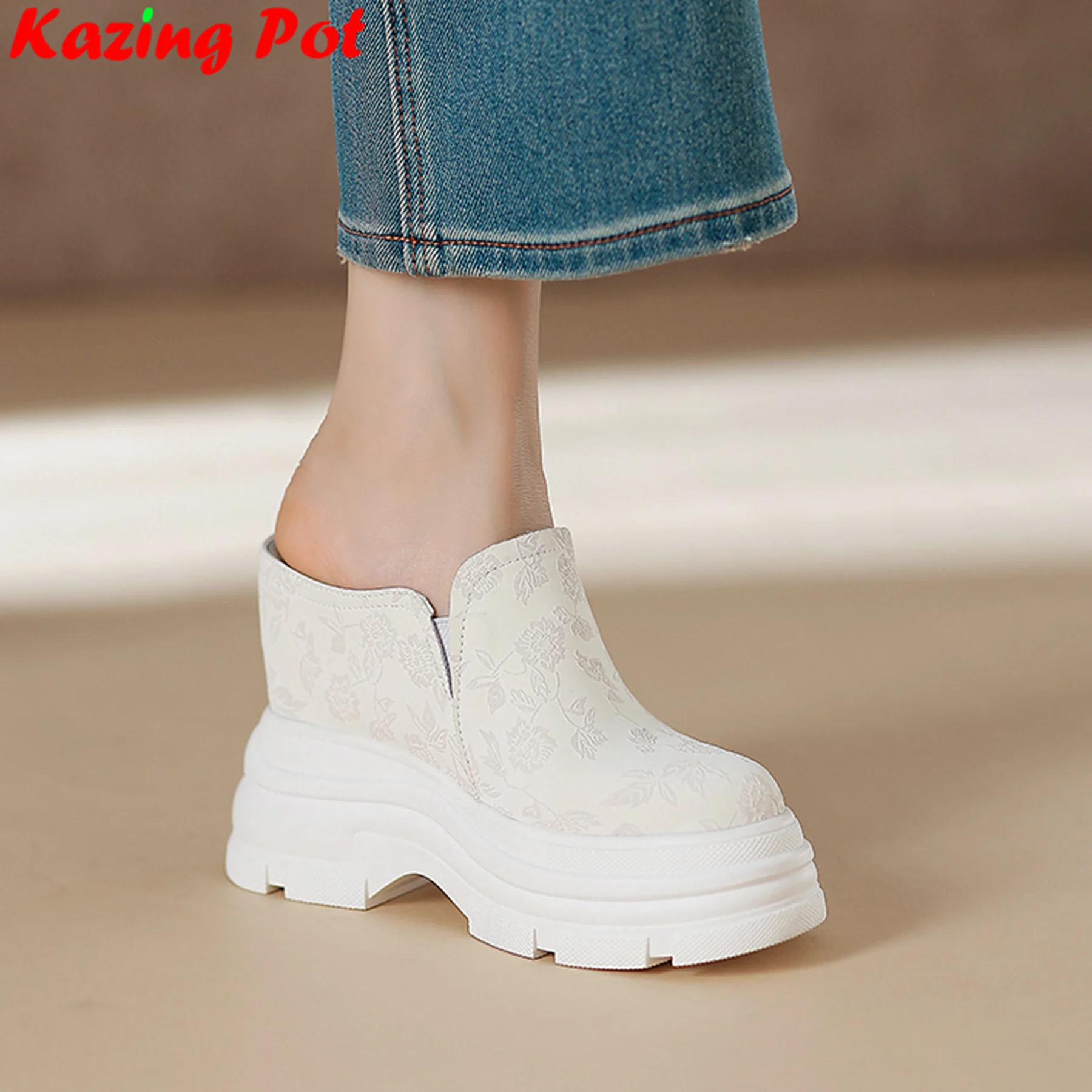 

Krazing Pot 12cm Cow Split Leather Embroidery Mules Summer Shoe Super High Casual Slingback Fashion Dress Platform Women Sandals