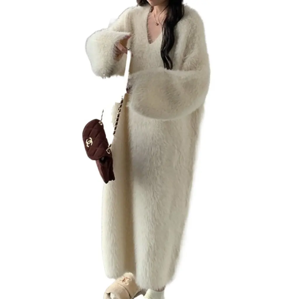 

Women's Lazy Style White Over-the-Knee Sweater Dress Winter Thickened Long Imitation Mink Hair Gentle Fashion