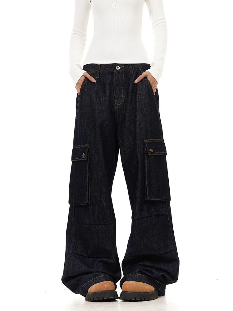 

American High Street Retro Work Pants Men Women Loose Casual Wide Leg Pleated Denim Color Jeans Straight Cut Trousers
