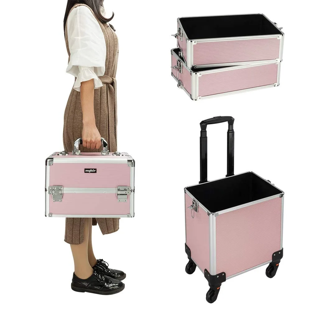 4 in 1 Rolling Makeup Train Case, Aluminum Cosmetic Organizer on Wheels, Lockable Beauty Storage with Removable Wheels (Pink) view 2