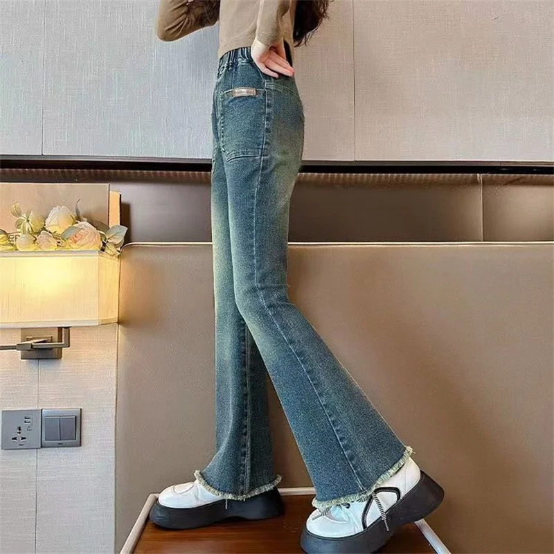 Girls Autumn Jeans Children Slim Retro La Letter Flare Pants Spring New Children Solid Colour Elastic Trousers 4-12 Years Old