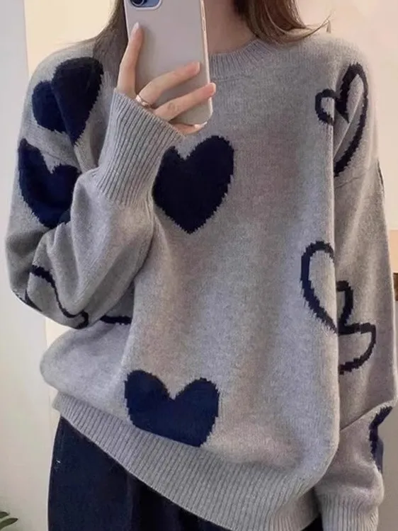 

Свитер крупной вязки с сердечками, размер 300 Pou, осенне-зимний, универсальный, модный, теплый, с круглым вырезом
