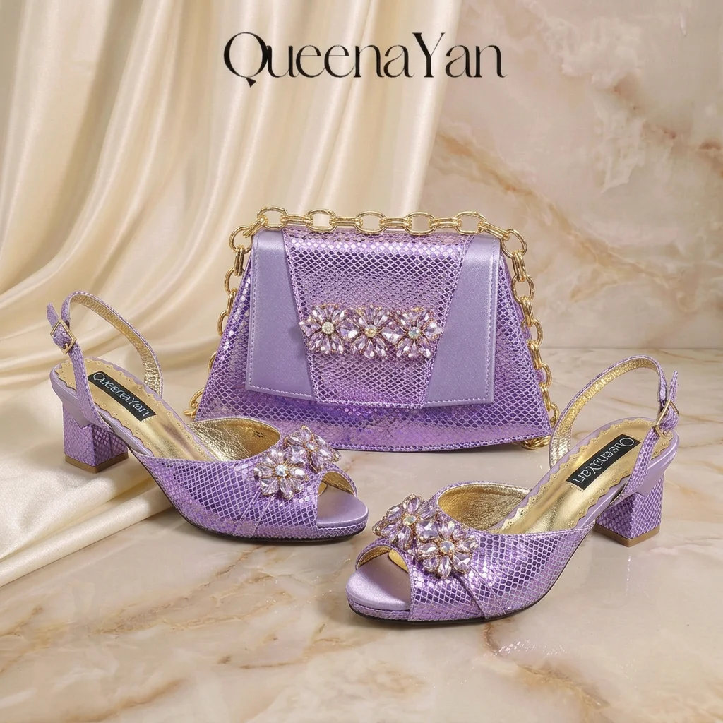 New Elegant 2026 Lilac Peep Toe Women Heels with Diamond Accents - Italian Design Matching Pumps and Bag Set for Parties