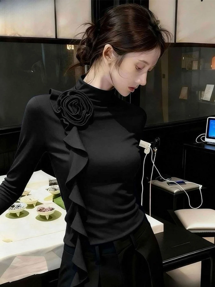 French Chic Red Long Sleeve Top 3d Flower Ruffle Bow Tie Elegant Base Layer Shirt