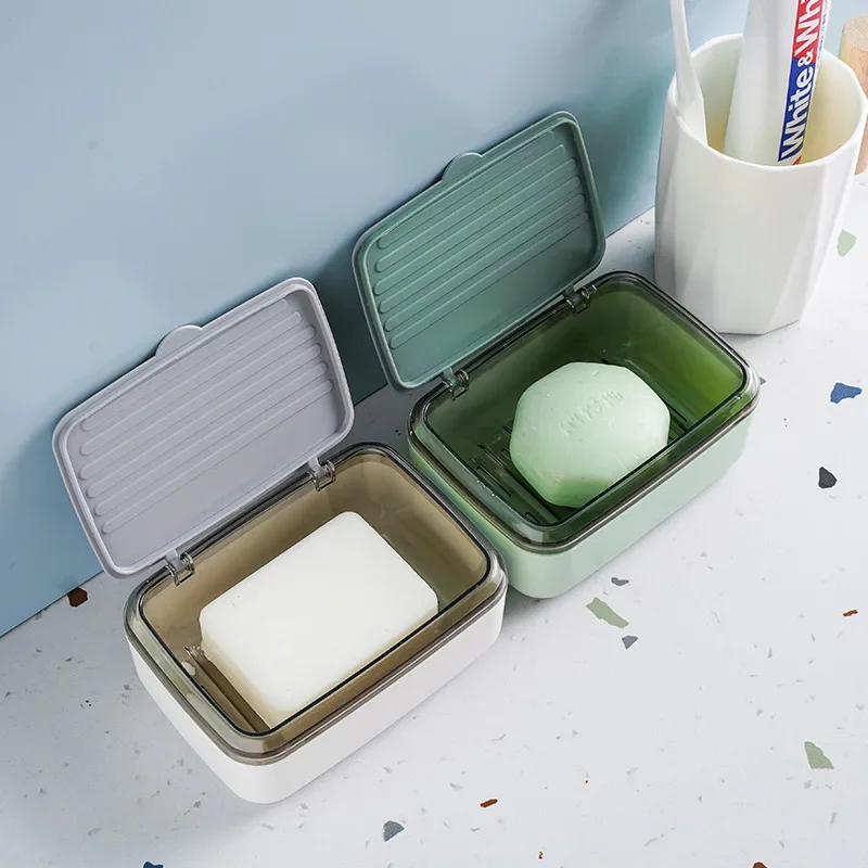 Double Layer Drain Dish Soap Box Portable Outdoor Travel Soap Case With Cover Shower Soap Holder Sponge Storage Plate