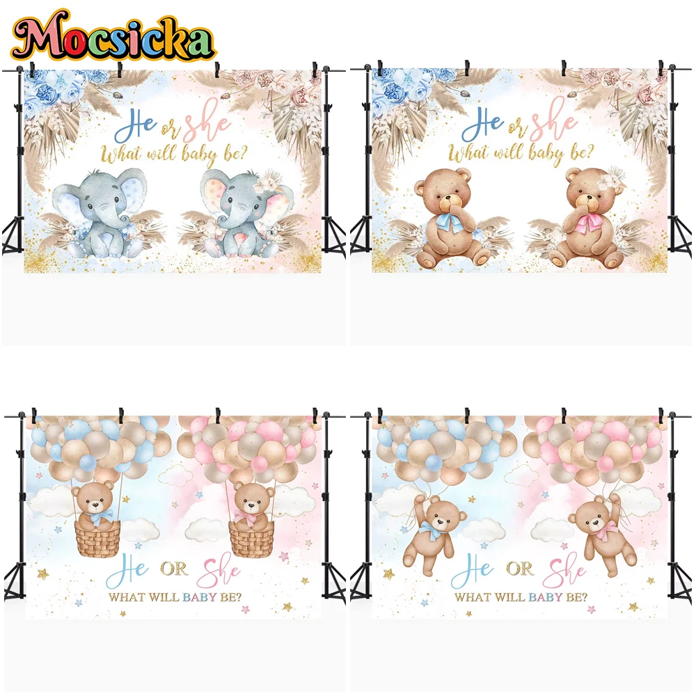 

Mocsicka Gender Reveal Photography Background Baby Shower Boys Girls Birthday Party Backdrop Bear Elephant Decorations Photocall