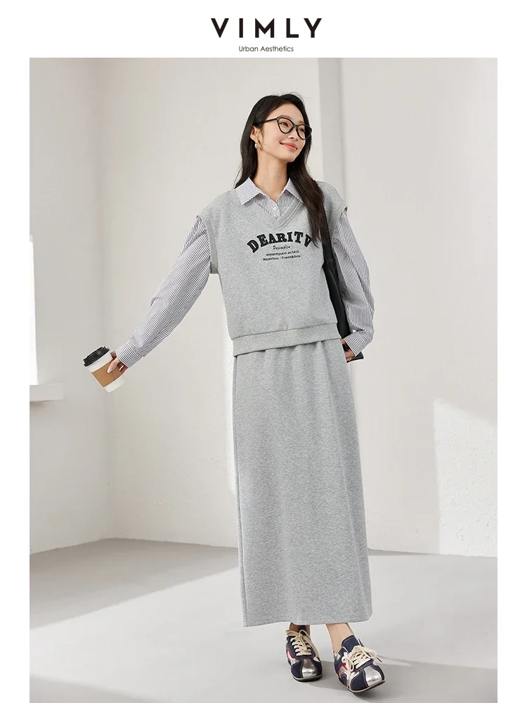 VIMLY Gonne Casual da donna Set 2025 Primavera Semplice O-Collo Falso 2 pezzi Felpa Elastico in vita Gonna con spacco Set di vestiti da donna per ufficio