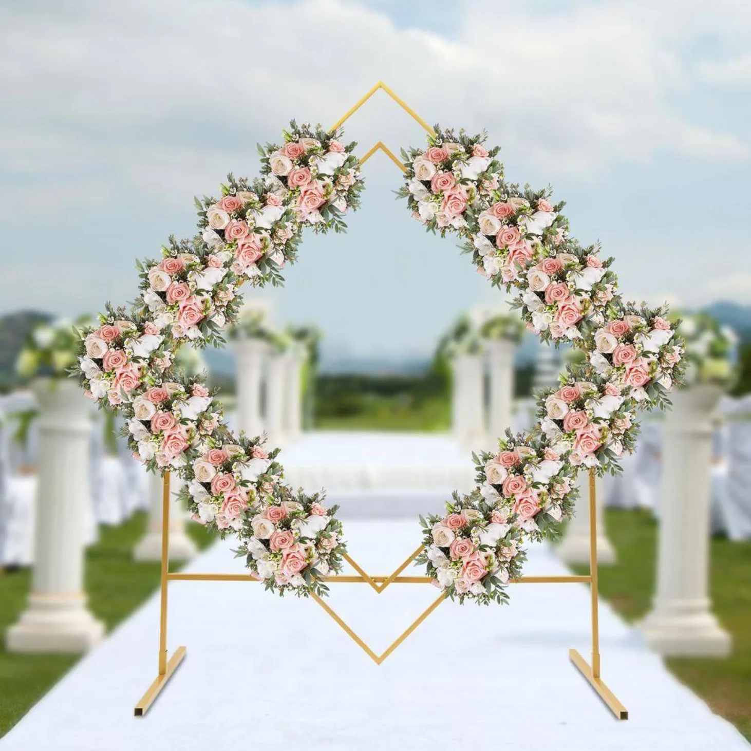 US 81.9 in. x 78.8 in. Gold Metal Geometric Wedding Arch Balloon Flower Holder Frame Wedding Decoration Arbor