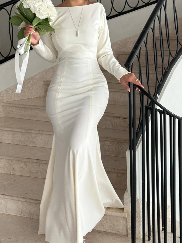 Vestido de dama de honor plisado Simple, moda, cuello redondo, manga larga, cintura alta, corte en A, temperamento elegante, ajustado, vestido envolvente a la cadera