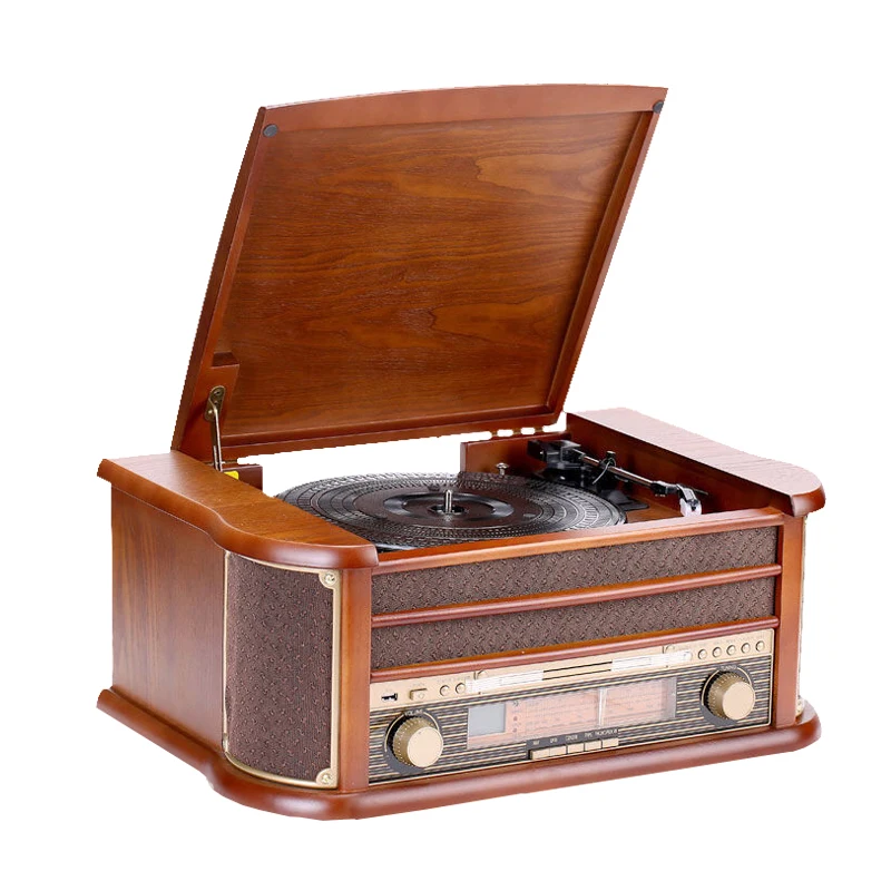 Wooden Nostalgic Stereo Record Player Vinyl Turntables Player Gramophone with Recording LP CD Radio USB SD AUX Function