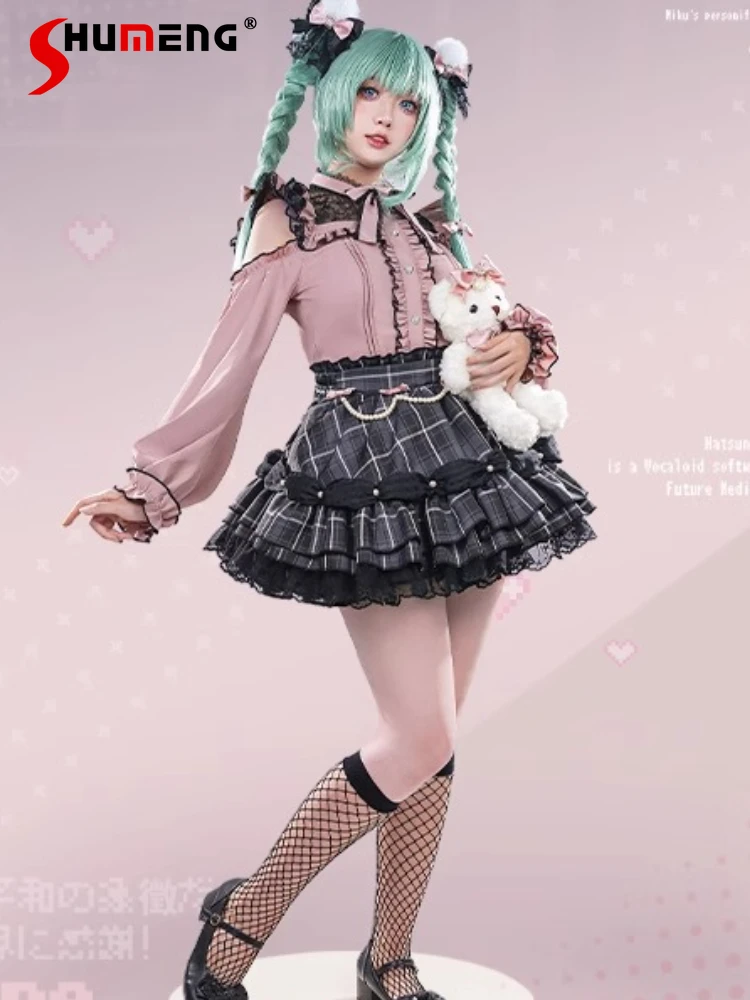 

Japanese Lace Stand Collar Off-Shoulder Long Sleeve Heart Button Shirts High Waist Beaded Chain Plaid Skirts Two-Piece Set Women