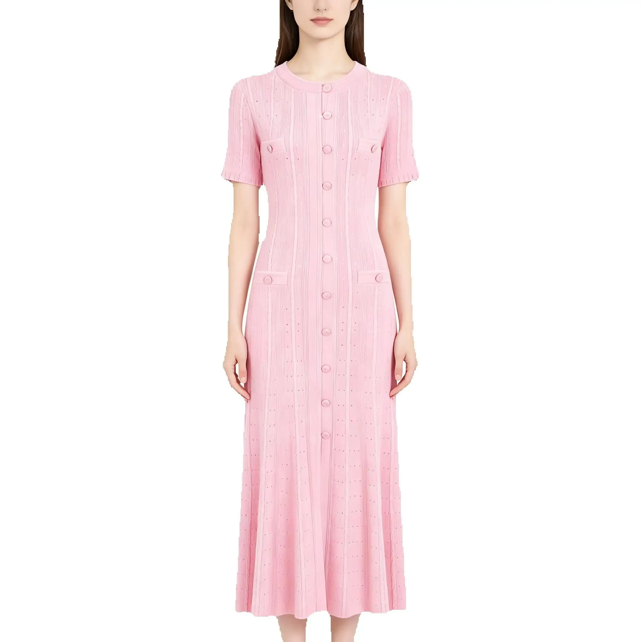 26123 High-End Quality Women's Summer And Autumn New Item, Socialite Slim Fit And Slimming Short Sleeved Long Knitted Dress