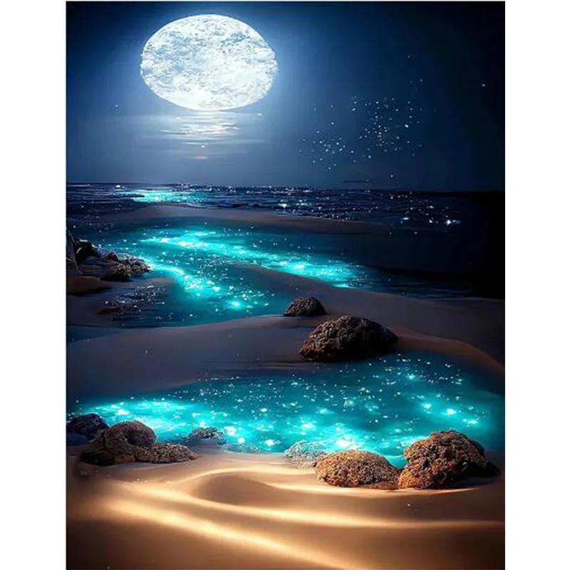 AB Diamond Diamond Painting Blue-light beach in the moonlight Embroidery Kit Wall Decoration Hanging Painting