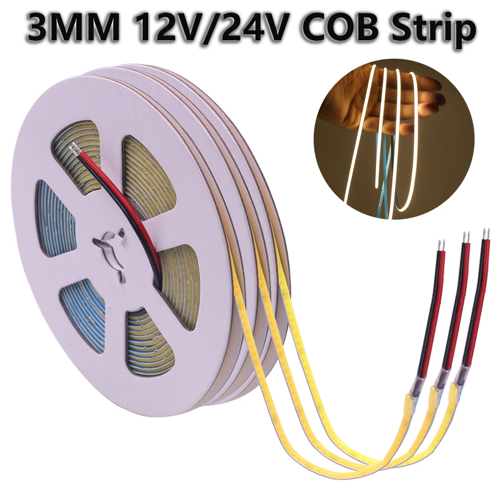 

Super Thin 3mm COB LED Strip DC12V/24V 384LEDs/m Soft Light Bar Flexible LED Tape Ribbon Warm Cold White for Home Decor Lighting