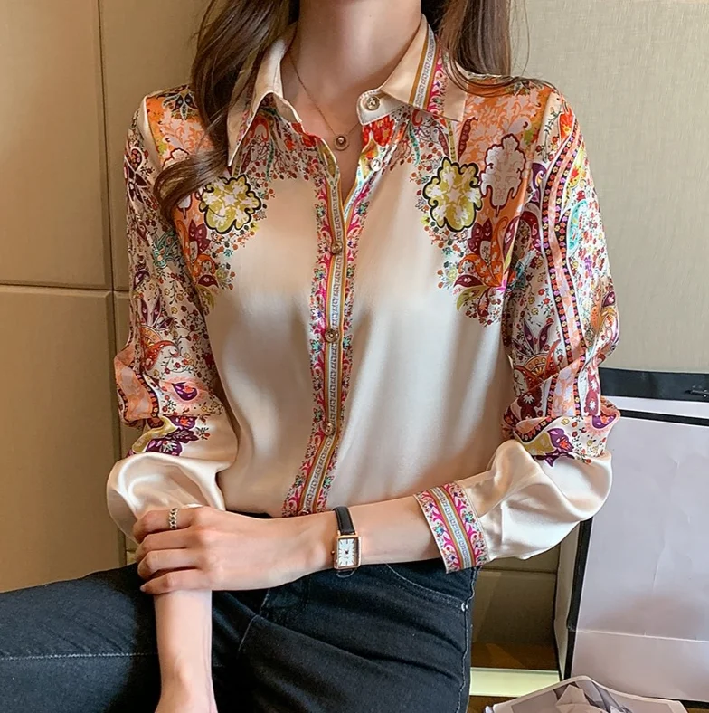 

Fashion Flower Print Ladies Chiffon Shirts Women's Office Blouses Oem Spring Autumn Long Sleeve Casual Shirts Tops Blusas Mujer
