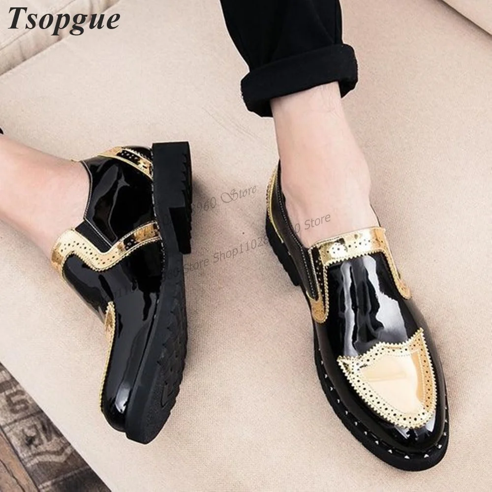 Black And Gold Patent Leather Carve Men's Pumps Men Dress Shoes Slip-On Runway Casual Party Shoes 2023 Fashion Zapatillas Mujer