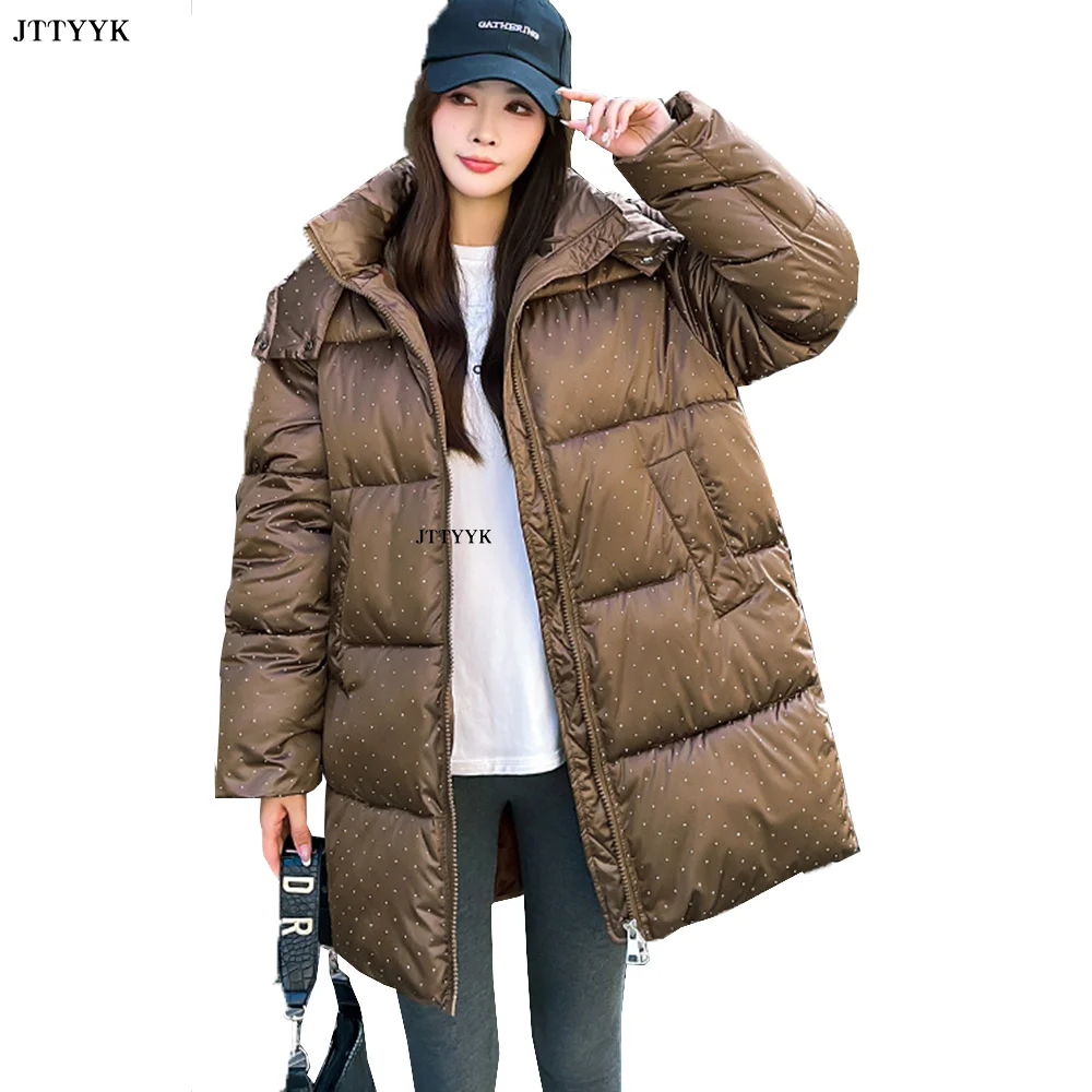 Hooded Large Jacket Winter Female Long Cotton Overcoat 2024 New Thicken Warm Parkas Dots Coats Women Clothes Loose Outerwear