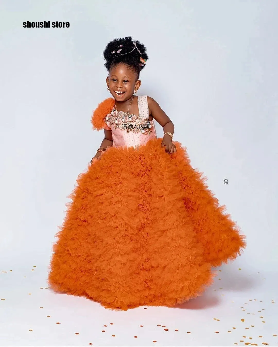 

Orange Flower Girl Dresses for Wedding 3D Floral Ruffles Tulle Girl Kids Birthday Party First Holy Communion Gown Customized