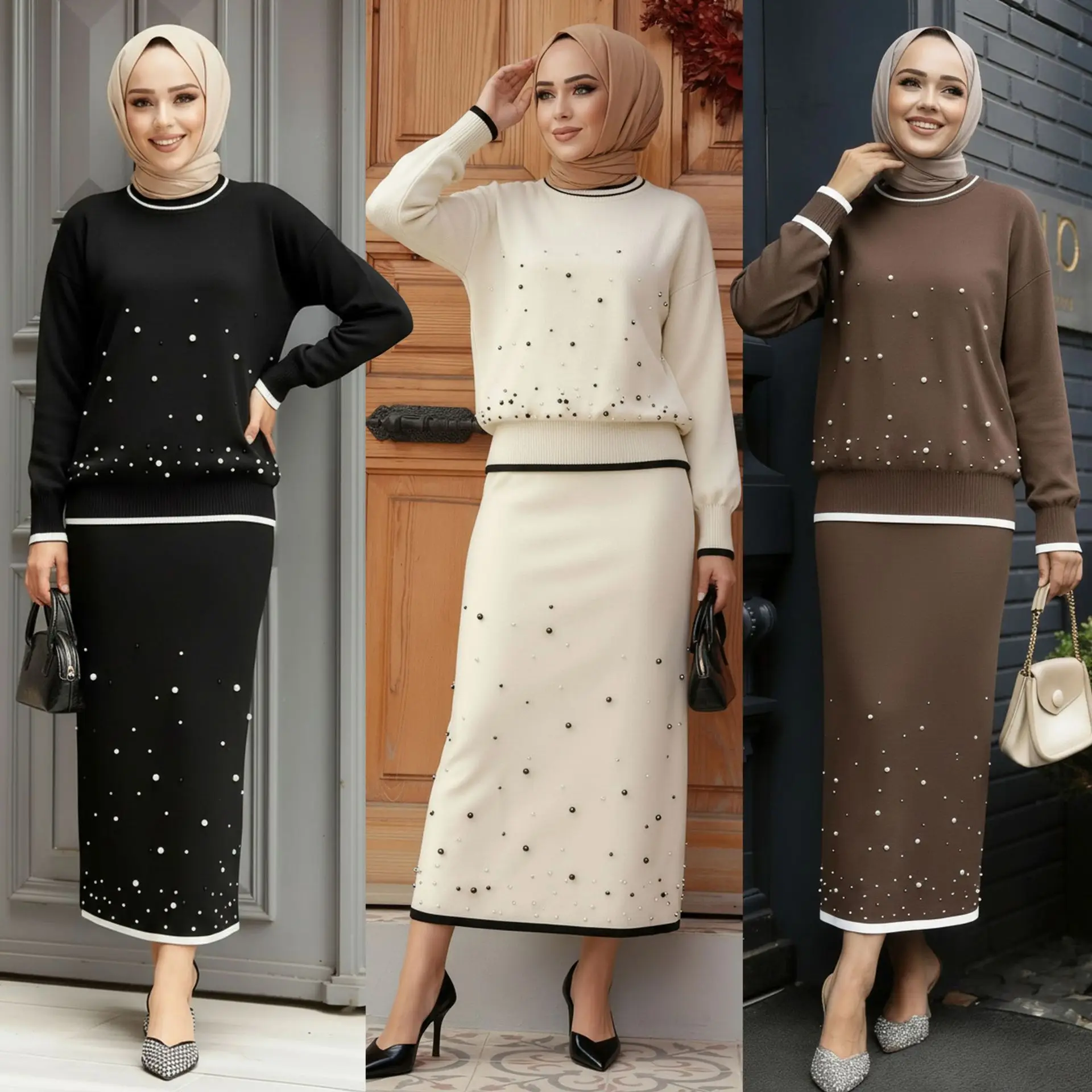 Eid Women 2 Piece Set Beading Blouse Skirt Suits Shirt Muslim Blouse Jalabiya Ramadan Dubai Musulman Ensembles Arab Long 2026