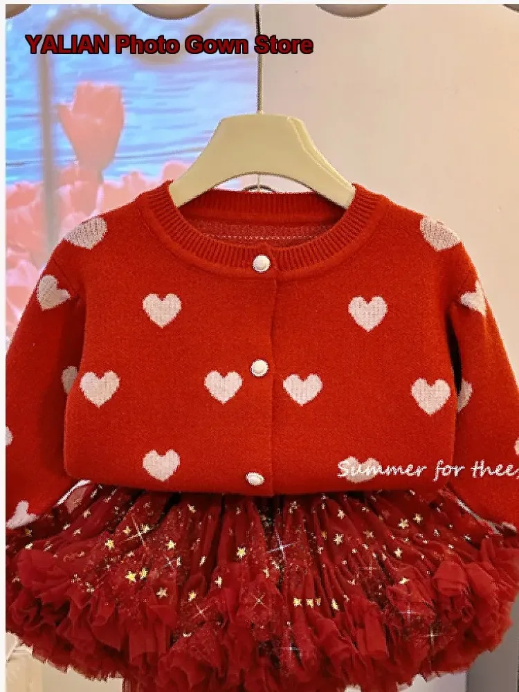 Girls Tutu Skirt Set Children Autumn Winter Christmas Rabbit Pattern Knit Cardigan Skirt Outfit Kids