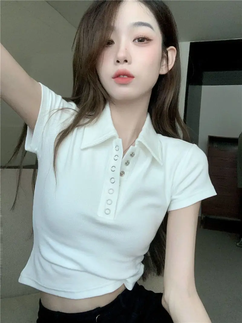 Women's Polo Shirts Slim Coquette Clothes Female Tee Sexy Crop Top Plain T-shirts Button New Basic Cheap Tops Aesthetic Casual